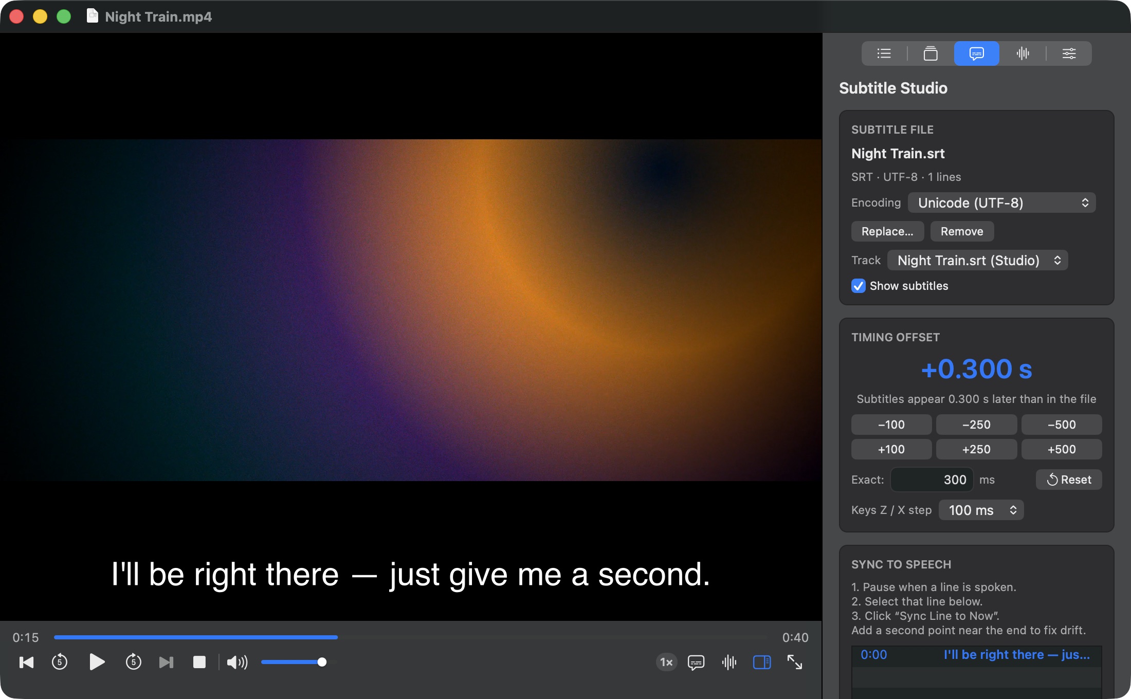 The RVLC window: a film playing with a subtitle on screen, and the Subtitle Studio sidebar showing a +0.300 s timing offset.